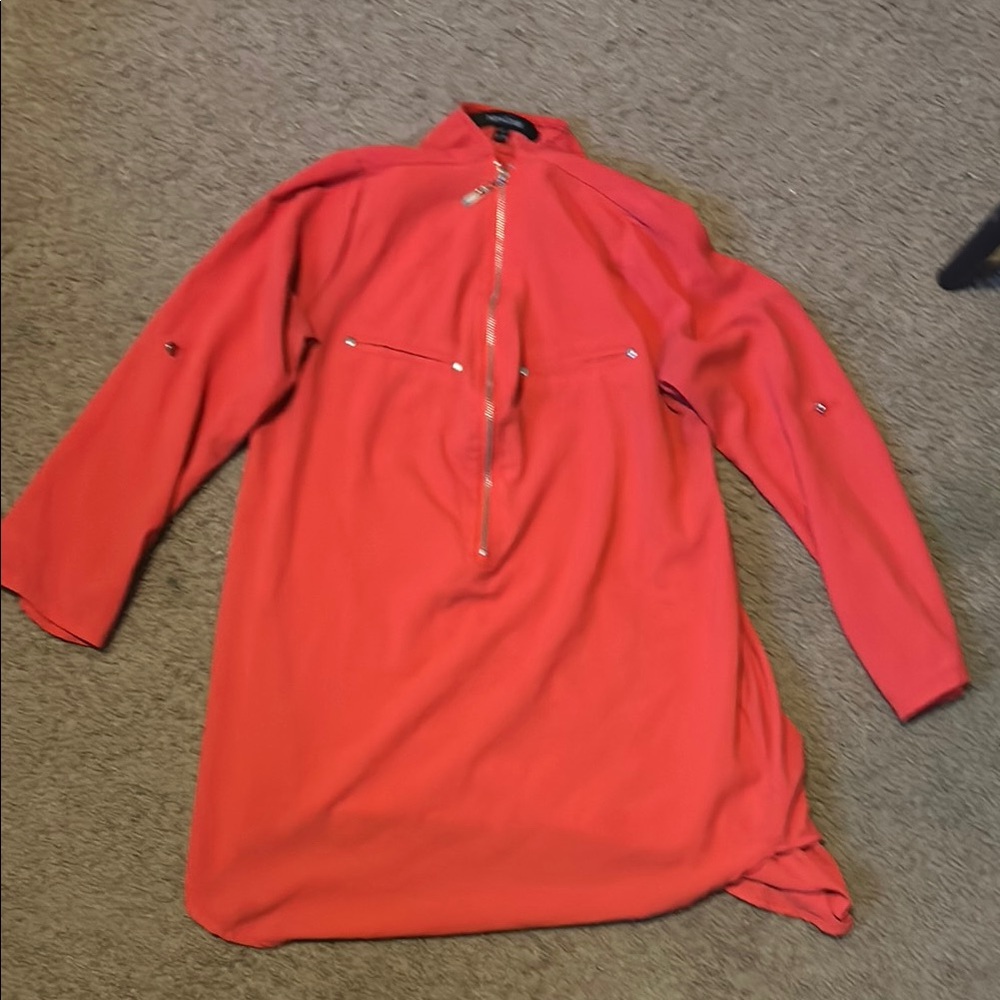 Red Long Sleeve Dress Shirt with Zipper Detail